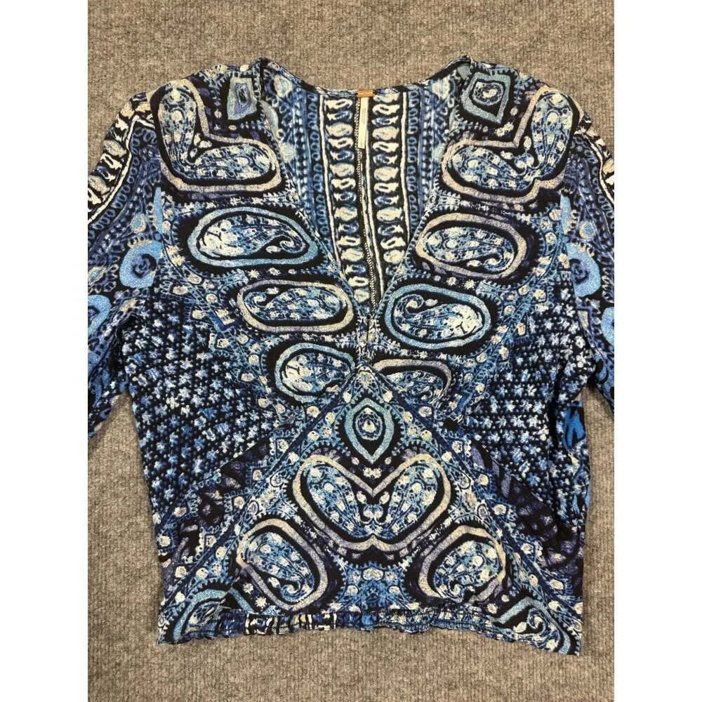 Free People Women's Blue Wild & Free Smocked V Neck Long Sleeve Boho Y2K Size L